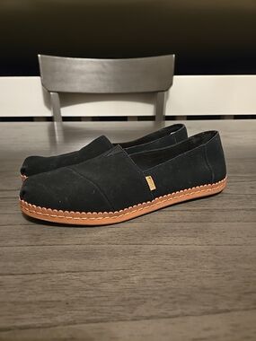 Toms Black Suede-Look Slip-On Flats with Tan Trim